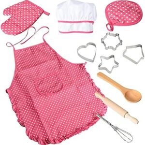 Acekid Chef Set For Kids,11pcs Kitchen Costume Role Play Kits, Girls Apron With Chef Hat,cooking Mitt And Cookie Cutters (rose Red)