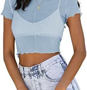 Allytok Mesh Crop Tops For Women Summer Short Sleeve Crewneck Sheer See Through Y2k Tee Shirts