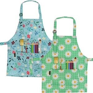 Beegreen Kids Apron 2 Pack Cooking Aprons With Adjustable Strap Kids Kitchen Aprons With Front Pocket For Girls Toddler Painting Baking Artist Washable Lightweight (green Daisy...