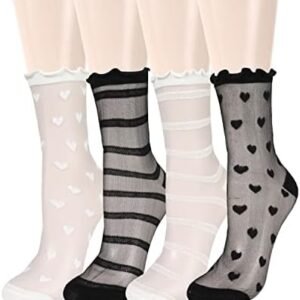 Benefeet Sox Womens Girls Sheer Socks Mesh Lace Crew Socks Transparent See Through Ultra Thin Silk Nylon Dress Socks