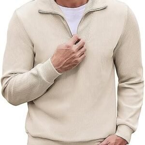 Coofandy Men's Quarter Zip Up Pullover Slim Fit Mock Neck Long Sleeve Sweaters Casual Corduroy Polo Sweatshirt