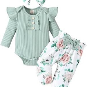 Gdtogrt Baby Girl Clothes Newborn Infant Outfits Ruffle Romper+ Floral Pants + Cute Headband Sets For Girls