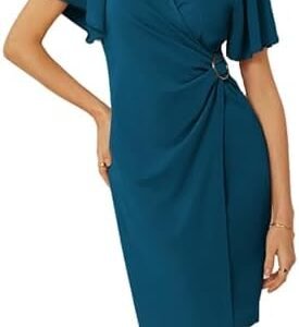 Grace Karin Women Sheath Wrap V Neck Bodycon Midi Dress Ruffle Sleeve Ruched Split Formal Cocktail Party Wedding Guest Dress