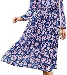 Grace Karin Womens 2023 Boho Floral Maxi Dress V Neck Long Sleeve Casual Ruffle Smocked A Line Pleated Flowy Beach Dress