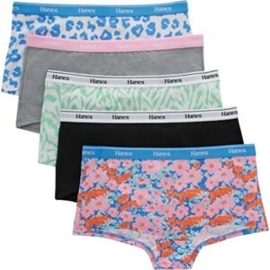 Hanes Originals Girls Boyshorts & Hipsters, Moisture Wicking Cotton Stretch Underwear, Assorted 5 Pack