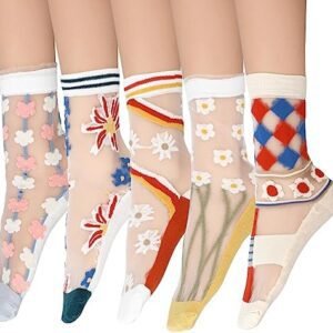 Lusofie 5 Pairs Women Sheer Socks Floral See Through Socks Transparent Thin Mesh Ankle Socks For Women Girls