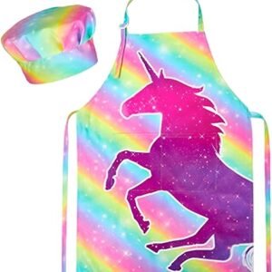 Mhjy Kids Apron And Chef Hat Set, Child Aprons For Cooking Baking Painting Cute Toddler Girls Apron With Pockets,rainbow Unicorn,large (8 12 Years)