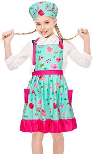 Mhjy Kids Apron Hat Set For Girls Vintage Pleated Skirt Aprons Adjustable Kitchen Apron With Pockets For Baking Cooking