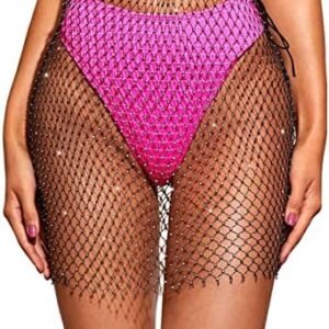 Rhinestone Mesh See Through Mini Skirt Sexy Hollow Out Beach Swimsuit Fishnet Cover Up Festival Rave Outfit For Women Girls