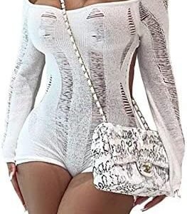 Xzlufny Women Sexy Knitted Crochet Hollow Backless Long Sleeve Short Playsuit