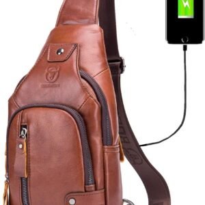 Bullcaptain Genuine Leather Sling Bag With Usb Charging Port Multi Pocket Chest Bag For Men Hiking Travel Daypack Xb 129