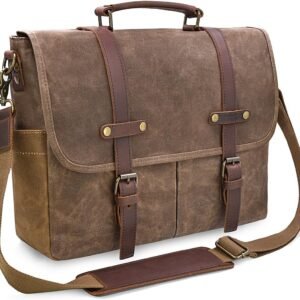 Mens Messenger Bag 15.6 Inch Waterproof Vintage Genuine Leather Waxed Canvas Briefcase Large Leather Computer Laptop Bag Rugged Satchel Shoulder Bag, Brown