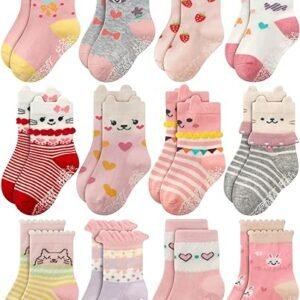 Rative Non Skid Anti Slip Cotton Dress Crew Socks With Grips For Baby Infant Toddler Kids Girls