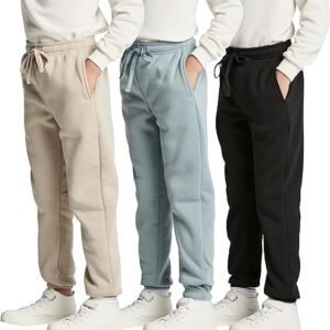 Real Essentials 3 Pack: Boys Tech Fleece Jogger Sweatpants With Pockets Youth Soft Athletic Joggers