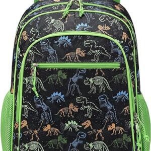 Ryushoyo 15 Inch Kids Backpacks For Preschool, Kindergarten, Elementary School Boys And Girls With Chest Straps Skeleton Dinosaurs Green Black