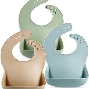 Set Of 3 Silicone Baby Bibs By Pandaear Waterproof, Soft, Unisex, 10 72 Months (brown/blue/green)