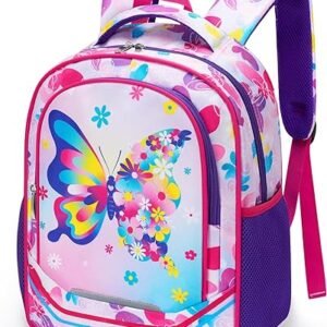 Wawsam Butterfly Girls Backpack Floral 15” School Backpacks For Girls Kids Kindergarten Elementary Schoolbag Shoulder Book Bag Purple Backpack With Chest Strap And Bottle...