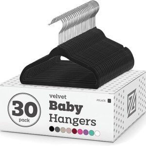 Zober Velvet Baby Hangers For Closet Pack Of 30 Non Slip Toddler Hangers For Shirts, Pants & Dresses W/ Swivel Hook Durable Infant Hangers W/ Notches Small Baby Hangers ...